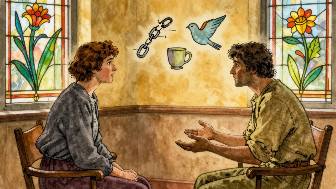 Dva lidé v klidné terapeutické místnosti, kteří se navzájem slyší a chápou.