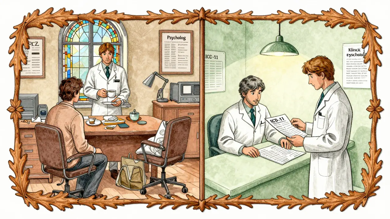 Dvě různé terapeutické místnosti, jedna soukromá, druhá klinická, v detailním ilustračním stylu.