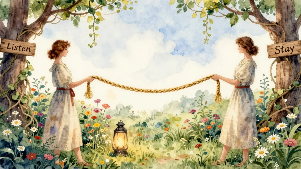 Dvojice stojí zády k sobě, zatímco provaz mezi nimi přechází v zlaté provázky, symbolizující obnovu vztahu.