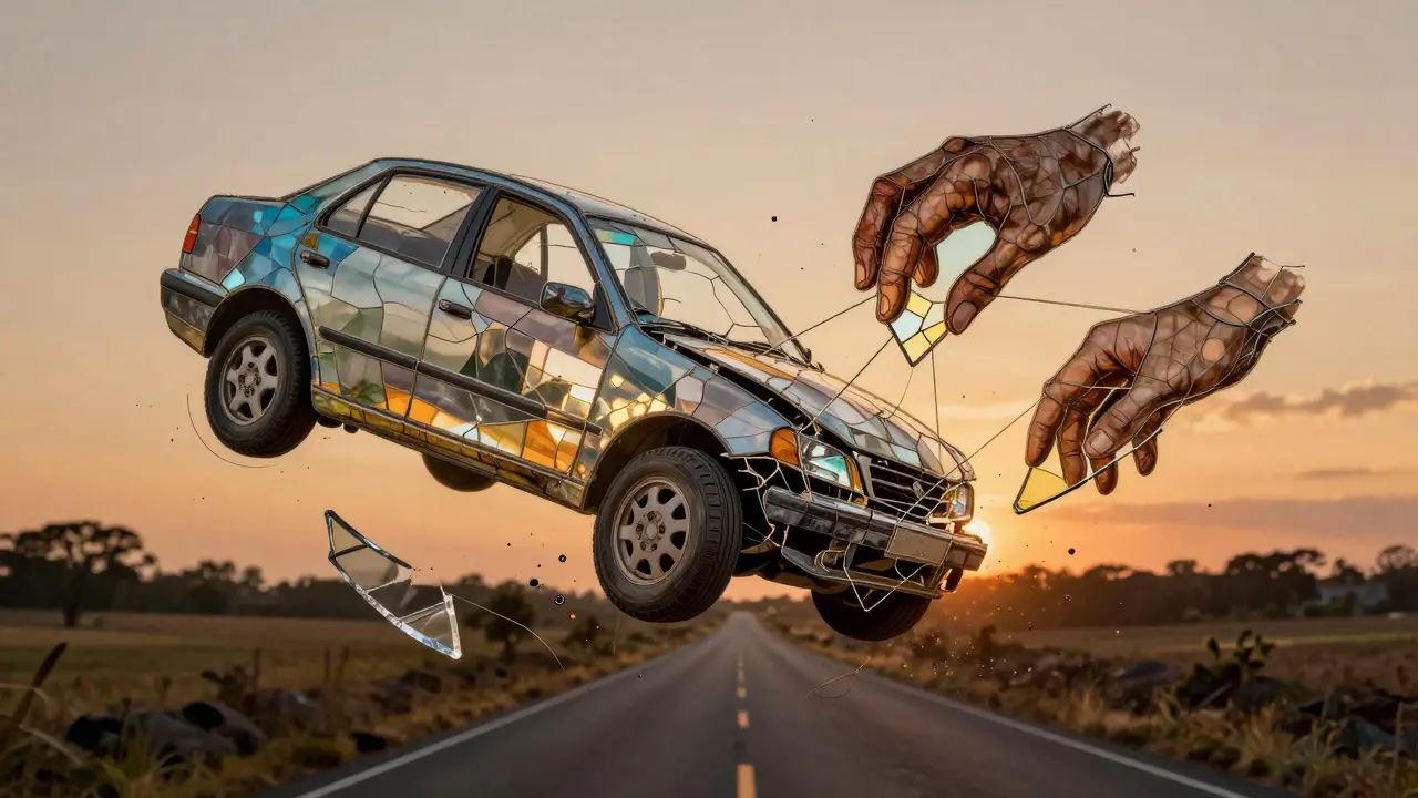 Fragmente traumatu se mění z chaosu na klidnou krajinku, jako kdyby byly přepracovány do uměleckého vitráže.