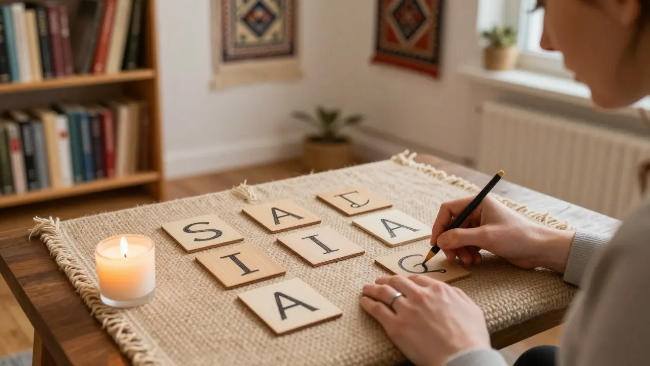 Klient se dotýká šesti vykreslených dřevěných karet s písmeny v klidném prostředí s tapetami a svíčkami.