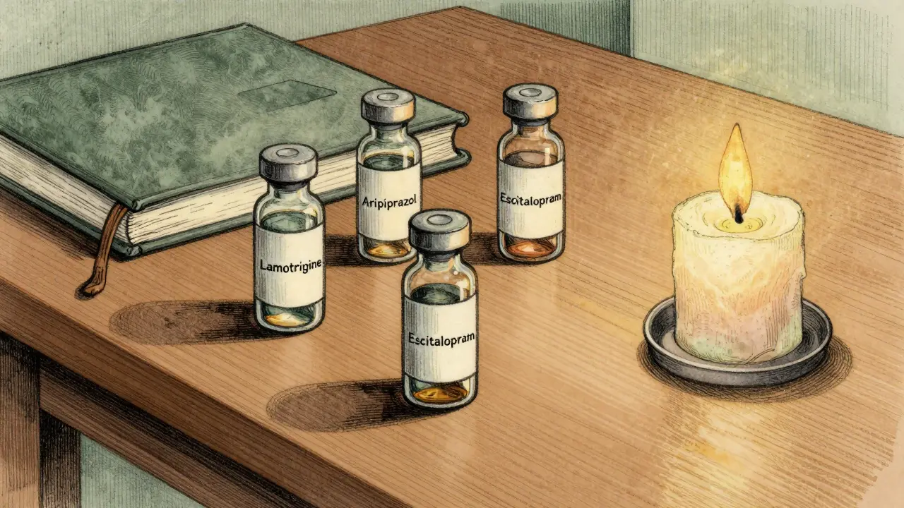 Na dřevěné tabuli leží několik léků a svíčka, vše v detailních rukou kreslených čarách.