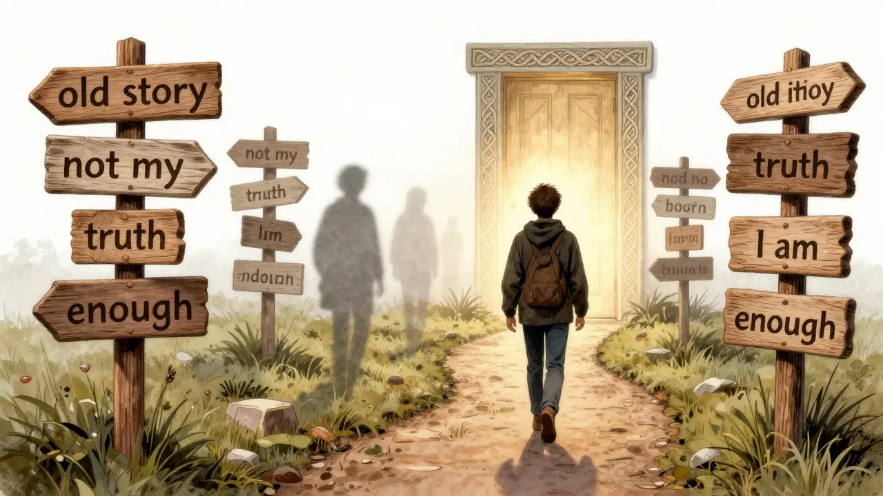 Osoba kráčí cestou s dřevěnými tabulkami, za ní zmizí stíny minulosti.