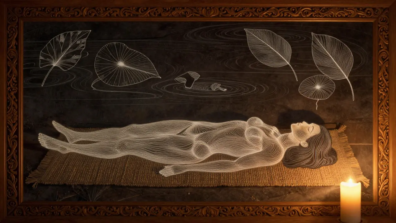 Osoba leží na koberci, světelné čáry sledují tělo, listy plují jako myšlenky po vodě.