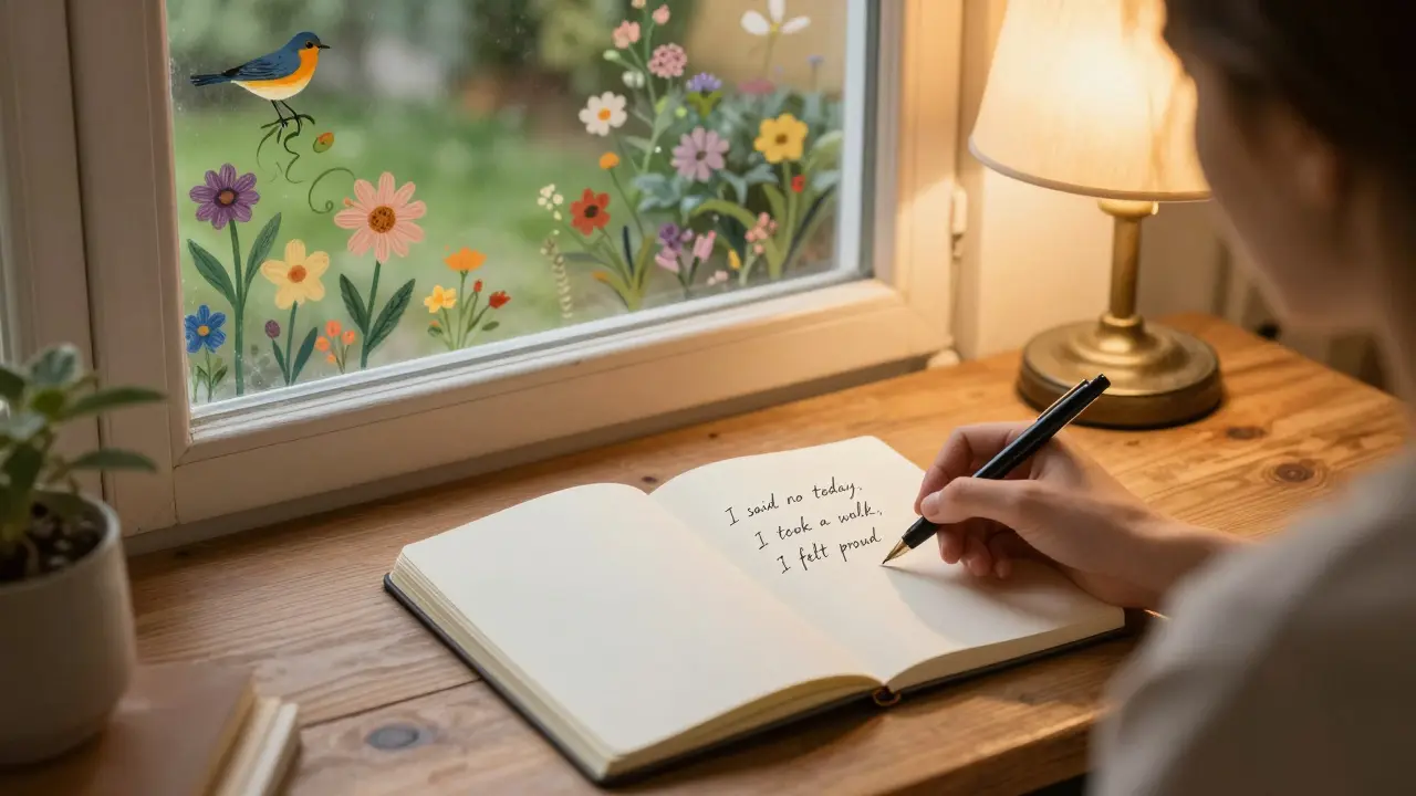 Osoba píše do deníku u stolu s teplým světlem a květinami v okně.