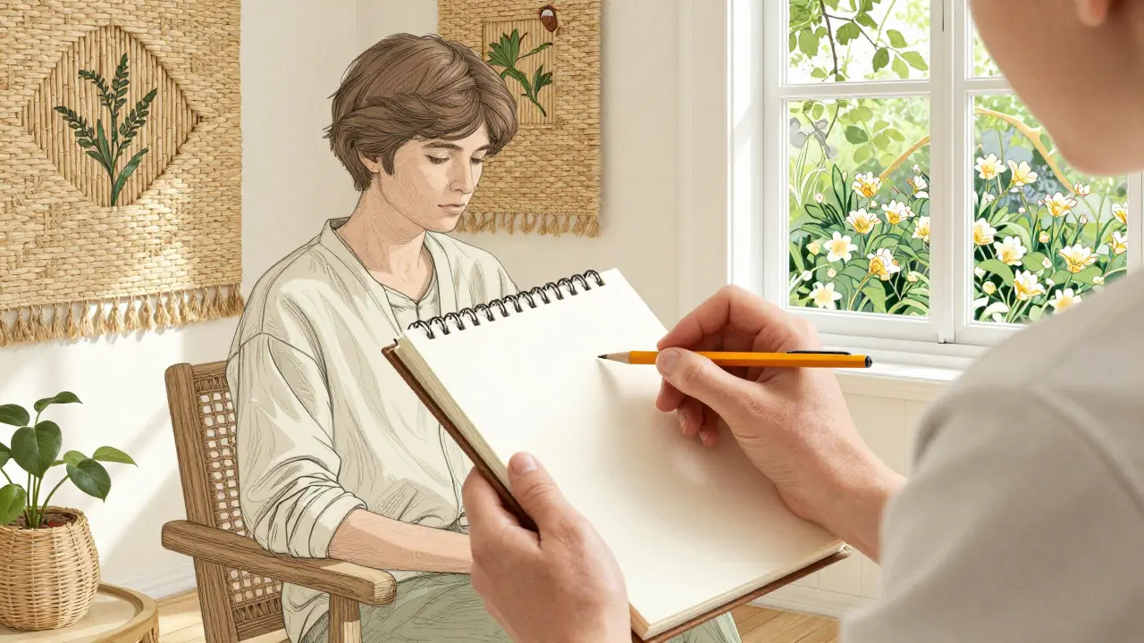 Osoba sedí v klidné místnosti s tapetou a blokem, terapeut jí podává tužku, žádné léky.