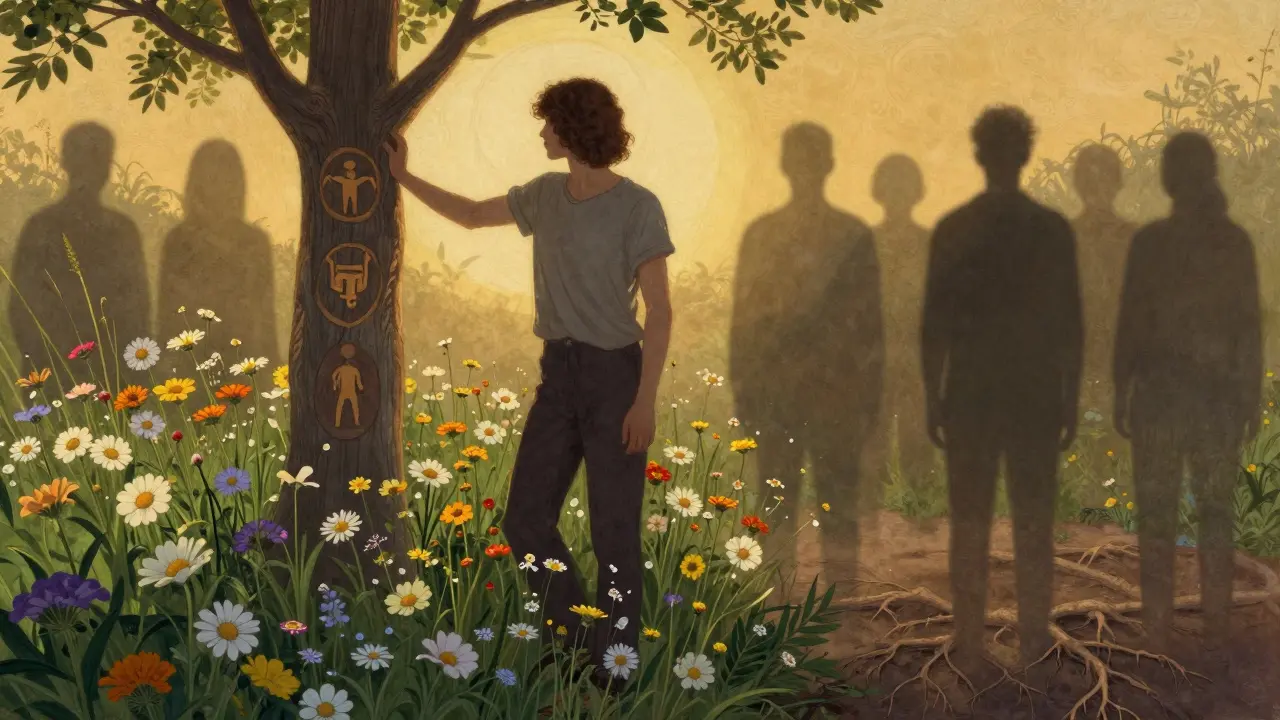 Osoba stojí v zahradě s květinami, zatímco stíny minulosti pomalu mizí do kořenů, symbolizující osvobození od traumatu.