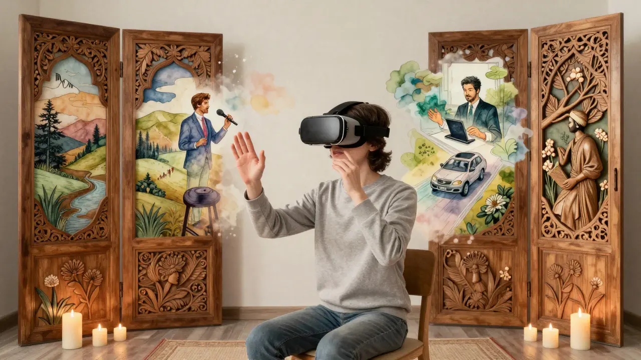 Osoba v VR brýlích je v klidné místnosti, kde virtuální scény mizí v jemných vodových barvách, spojujíce technologii s řemeslnou estetikou.