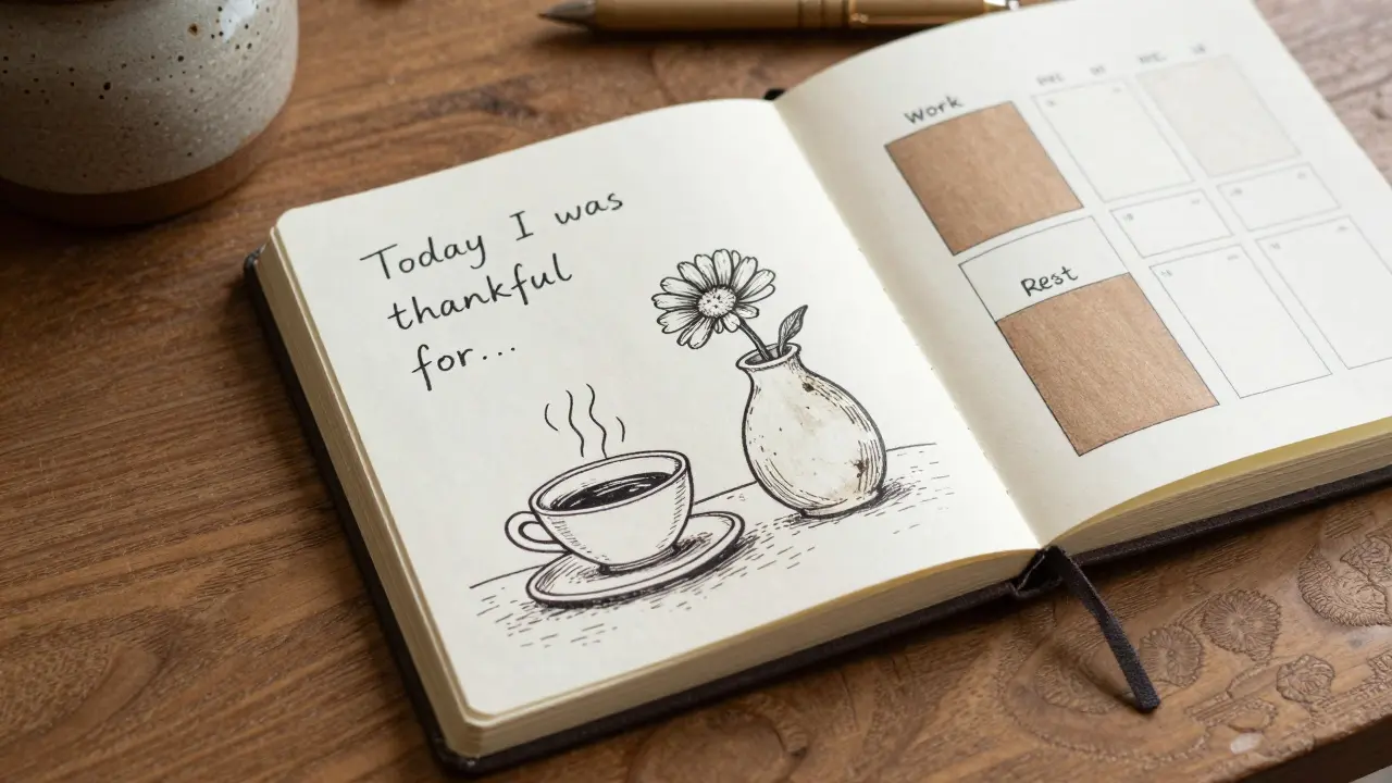 Otevřený deník s rukou psanými třemi věcmi za které je vděčný, vedle něj čaj a kytka v ručně vytvořené váze, v přírodních tónech.