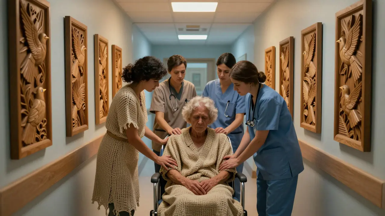 Péče o pacienta v nemocnici s ručně vyřezávanými dřevěnými prvky a symboly naděje.