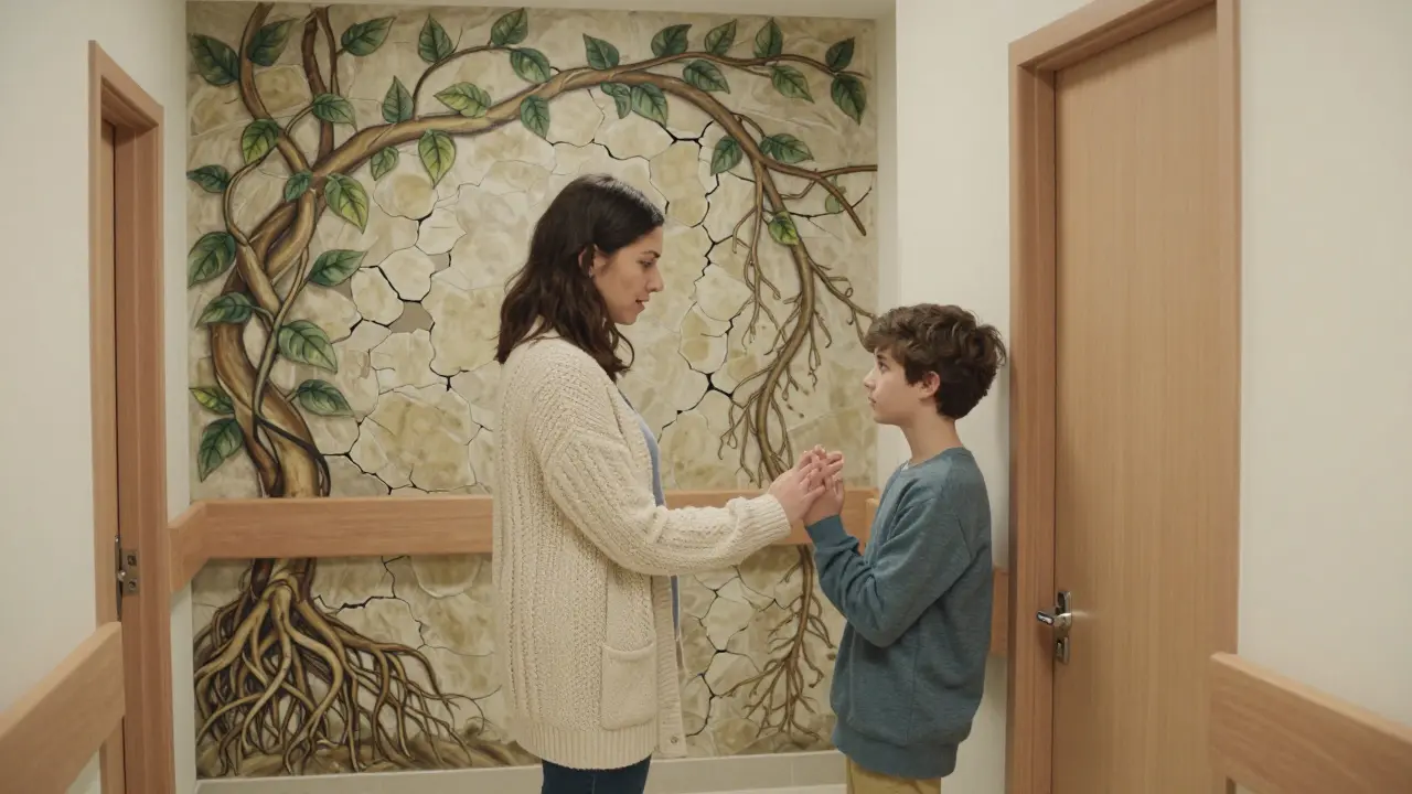 Peer konzultant a klient stojí v chodbě, symbolizují spojení skrze životní zkušenost.