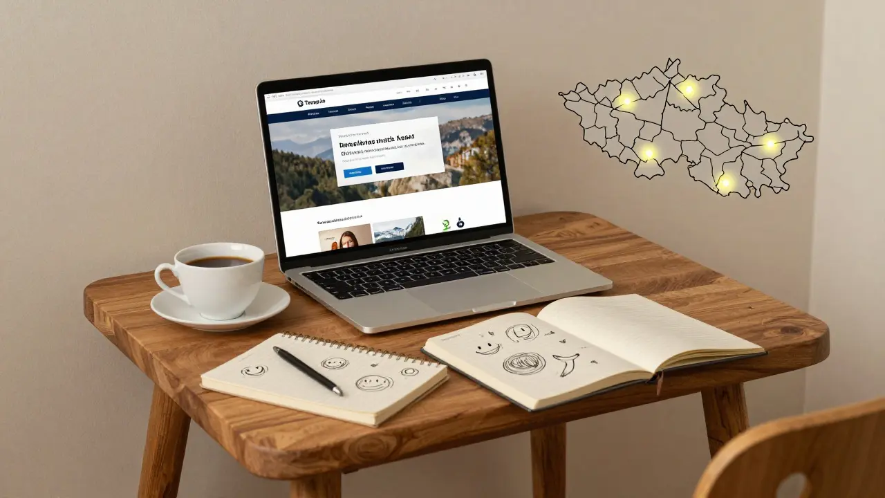 Počítač s webovou stránkou Terap.io na dřevěném stole vedle čaje a poznámek, česká mapa s označenými terapeuty.