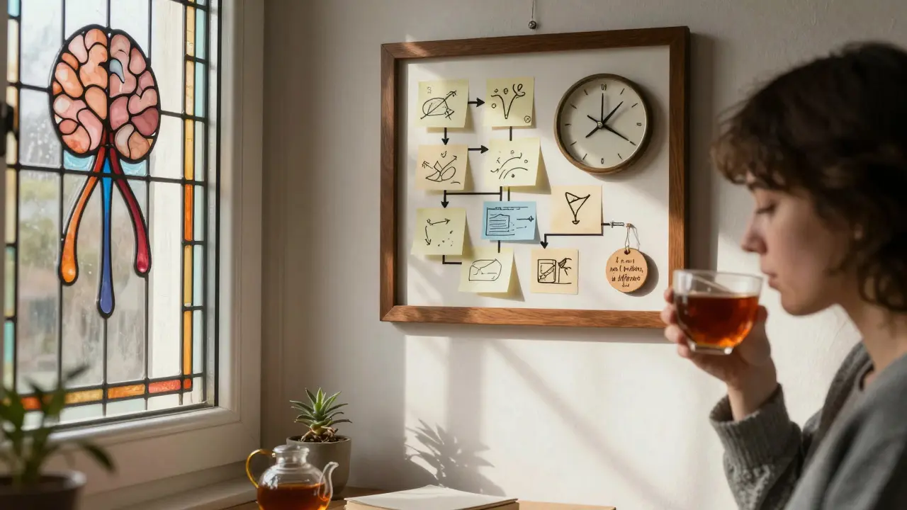 Pokojné ráno s vizuálními nástroji pro ADHD, kreslené v stylu Arts and Crafts.