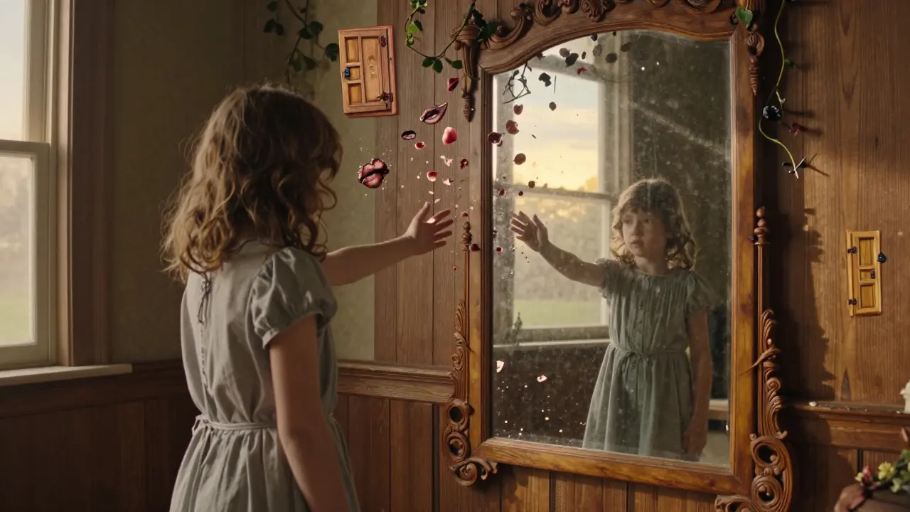 Postava se dívá do zrcadla, kde vidí své dětství, zatímco staré rány se mění v květy a lístky.