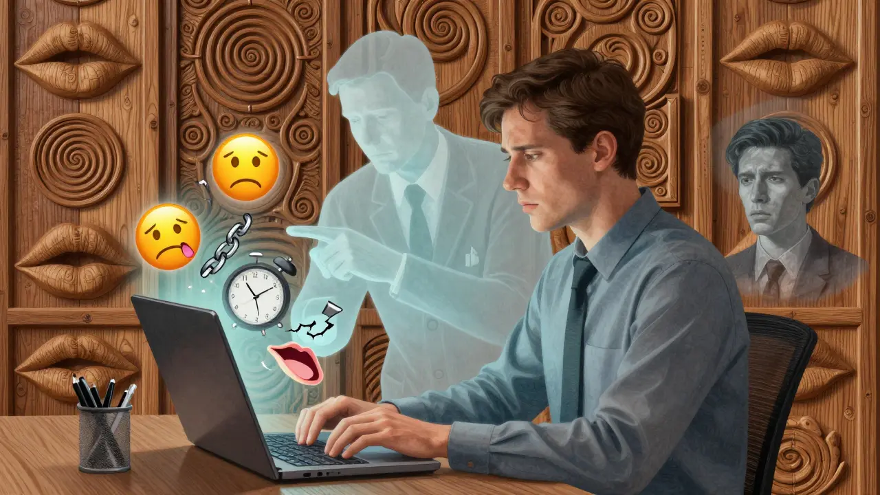 Pracovník před počítačem, kolem něj plavou digitální symboly komunikace, zatímco jeho odraz ukazuje osamění.