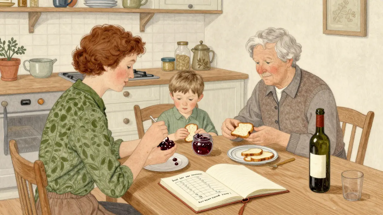 Rodina společně jí, na stole notebook s pokrokem, láhev vína je v pozadí, nezakrytá, ale nezávislá.