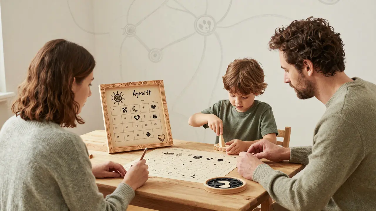 Rodina společně používá ručně vytvořený kalendář se symboly pro bezpečí a klid.