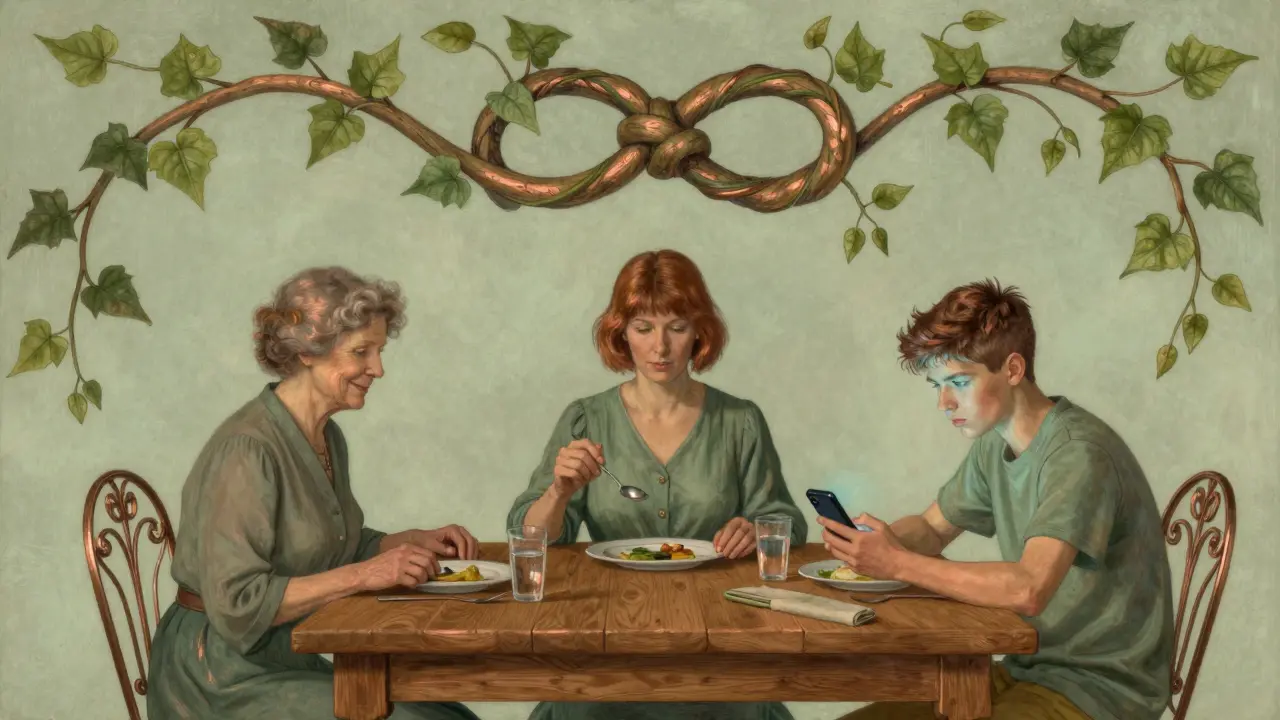 Rodinná večeře, kde každý člen rodiny je od sebe vzdálený, i když sedí u stejného stolu — symbol dvojité vazby.