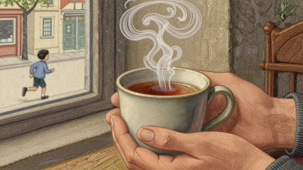 Ruce drží šálek s čajem, pára stoupá jako myšlenky, pozadí s ručně vyšívanými texturami.