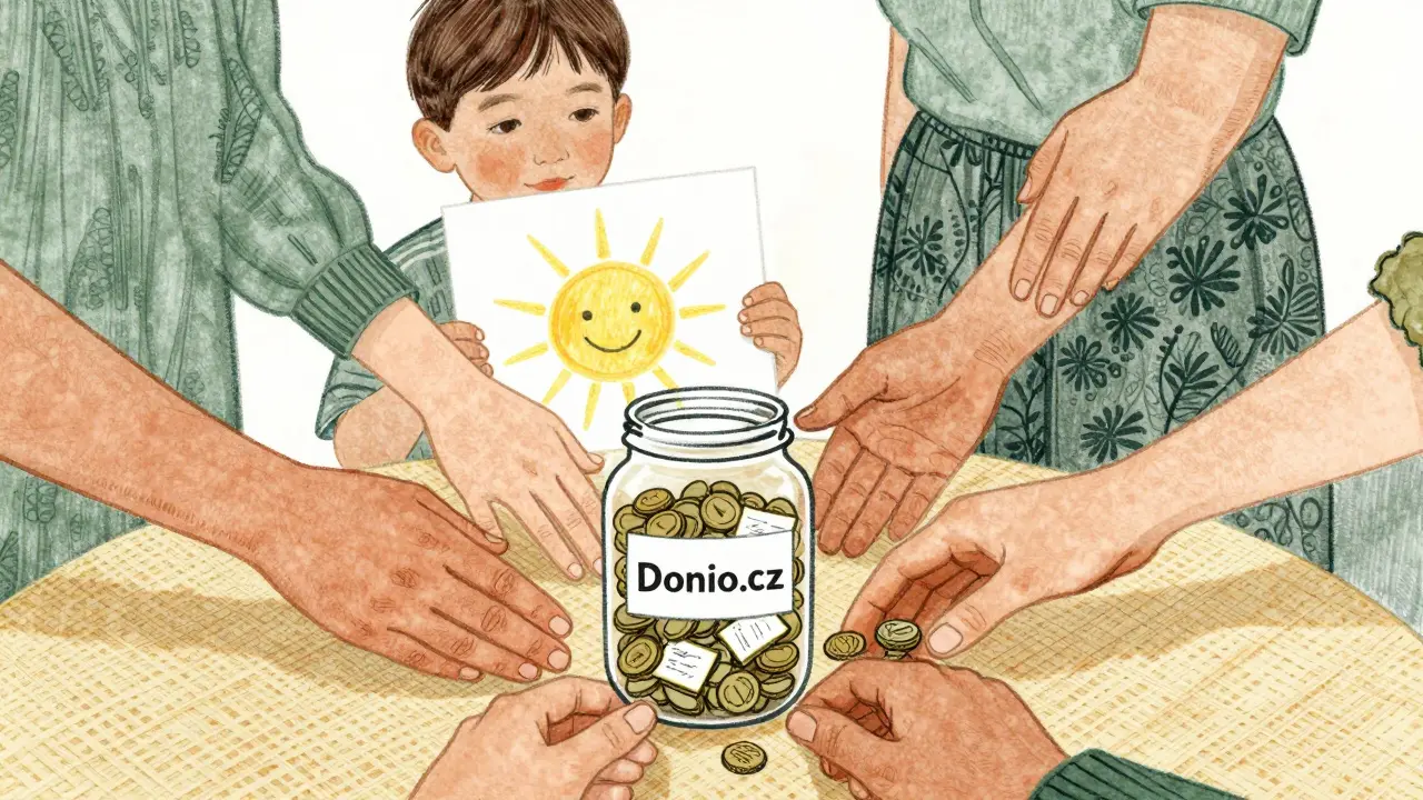 Různé ruce předávají mince a listy do společné nádoby Donio.cz, dítě drží kresbu slunce, dospělý klidně klade ruku na rameno.