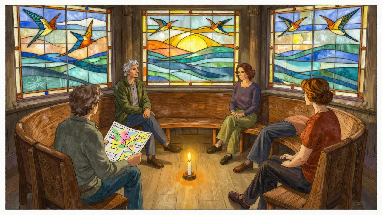 Skupina lidí sedí v kruhu, sdílí zkušenosti v prostředí s ručně vyrobenými prvky.