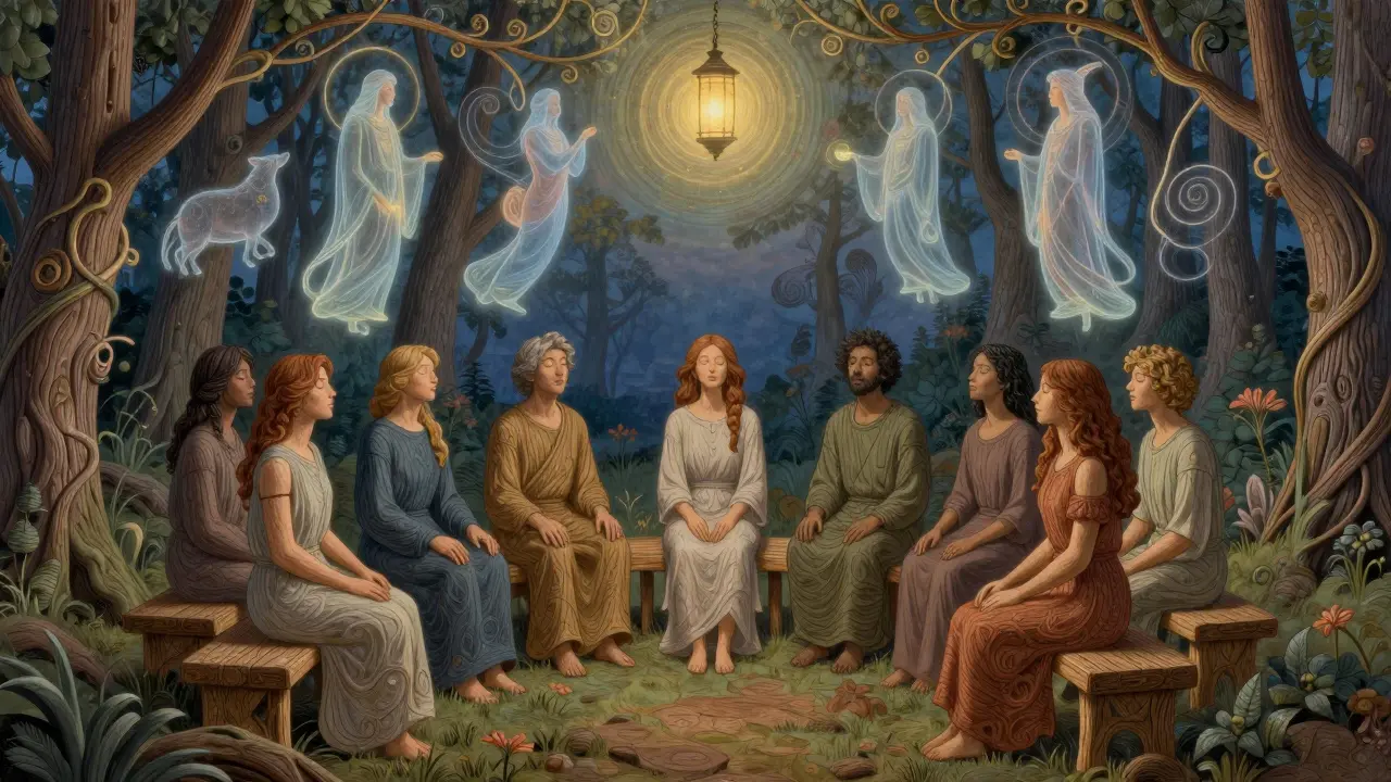 Skupina lidí sedí v kruhu v lese při západu slunce, kolem nich se vznášejí průhledné postavy a spojovací větve.