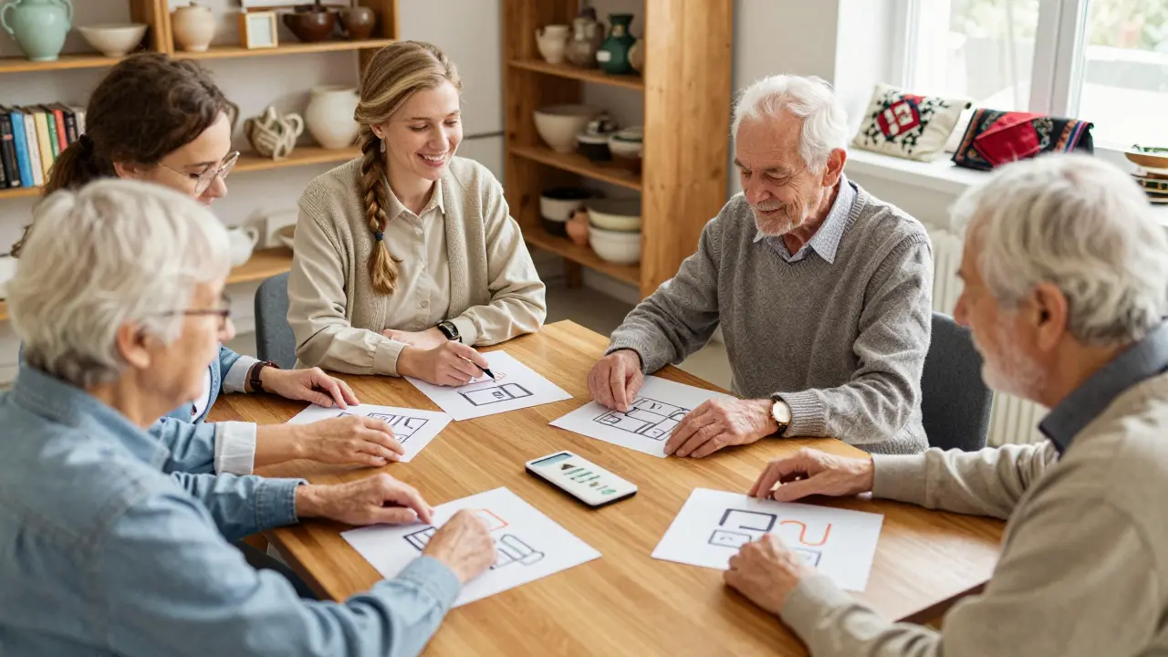 Skupina seniorů společně používá dřevěný interaktivní stůl v osvěžené komunitní místnosti.