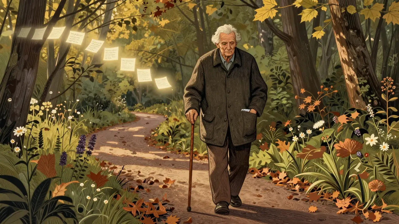 Starší osoba prochází lesem s poznámkovým blokem při západu slunce.