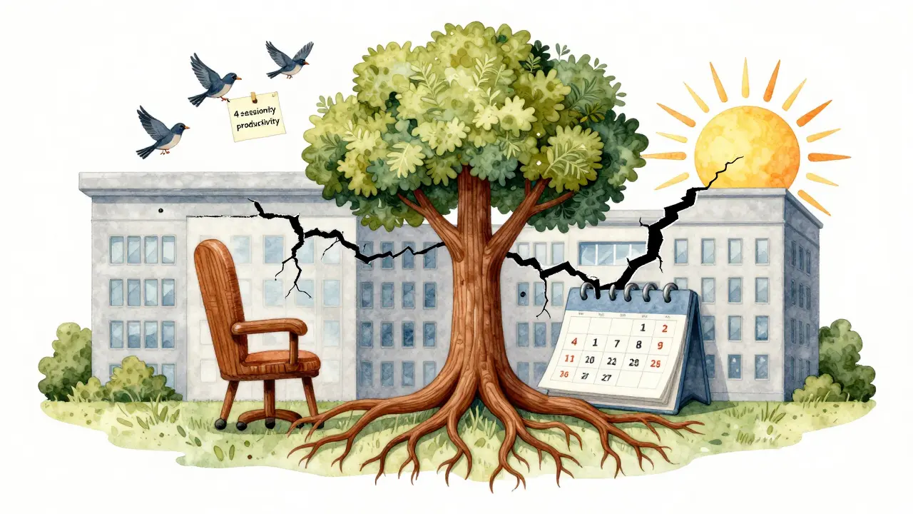 Strom rostoucí z budovy symbolizuje integrovanou podporu duševního zdraví v práci.