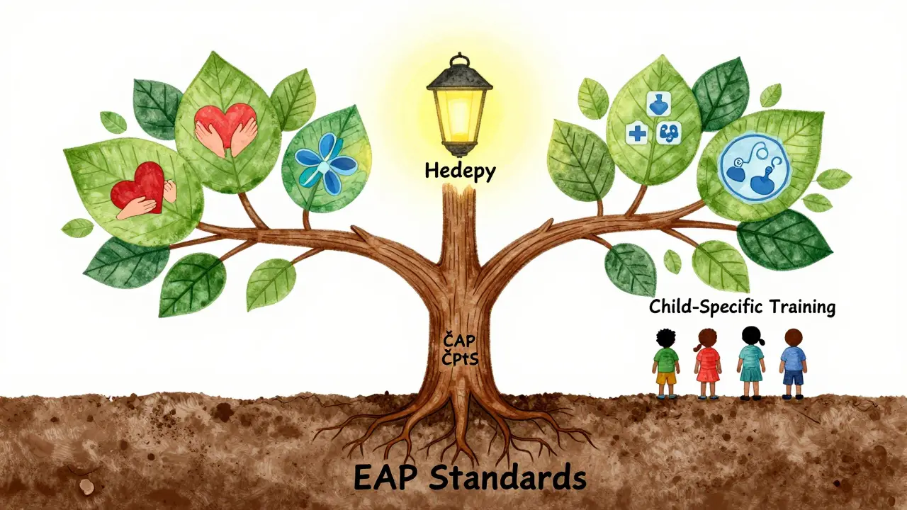Strom s dvěma kmeny ČAP a ČPtS, kořeny v EAP, osvětlený lanternou Hedepy pro dětskou terapii.