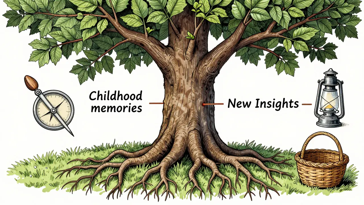 Strom s kořeny a větvemi symbolizuje hloubkovou terapii, doprovázený nástroji.