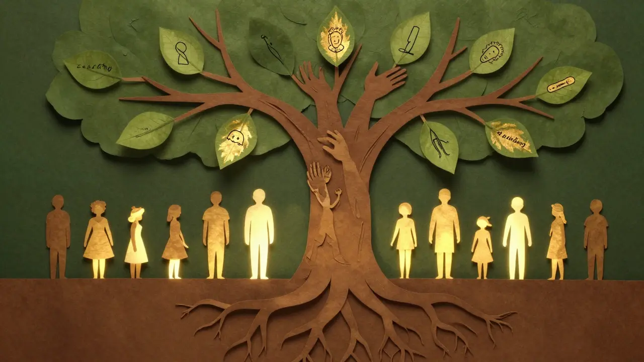 Strom s kořeny tvaru lidských rukou a větvemi tvořícími propojené ruce.