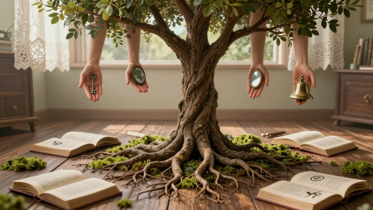 Strom s kořeny v místnosti symbolizuje hlubokou osobní transformaci přes terapii.