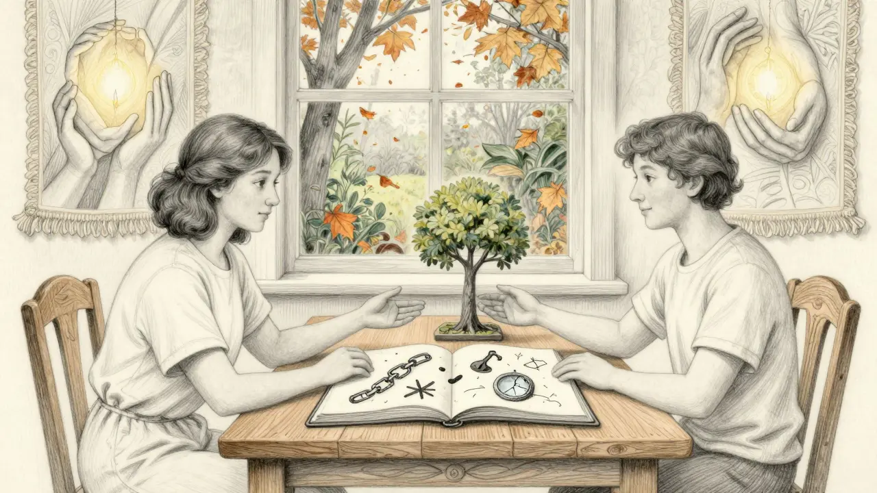 Terapeut a klient se dotýkají rukou přes stůl s symbolickými kresbami a přírodním světlem za oknem.