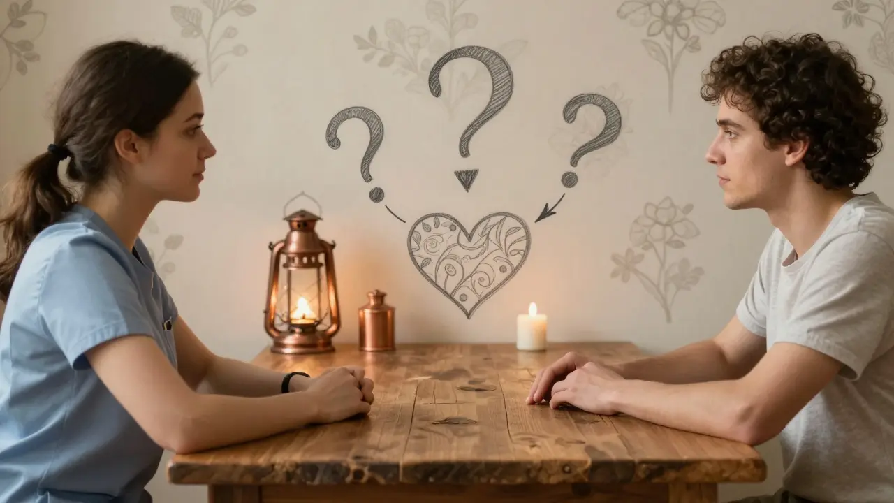 Terapeut a klient sedí u stolu, kolem nich se v tkanině objevují symboly hledání smyslu.