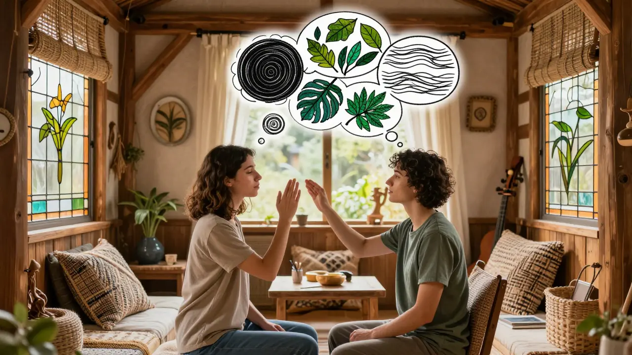 Terapeut a klient sedí v pokoji s dřevěnými detaily, myšlenky se mění z temných spirál na klidné vlny a listy.