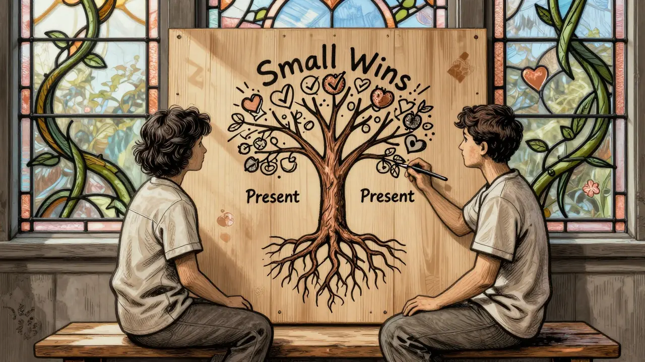 Terapeut a klient společně kreslí strom s větvemi malých vítězství na dřevěné desce.