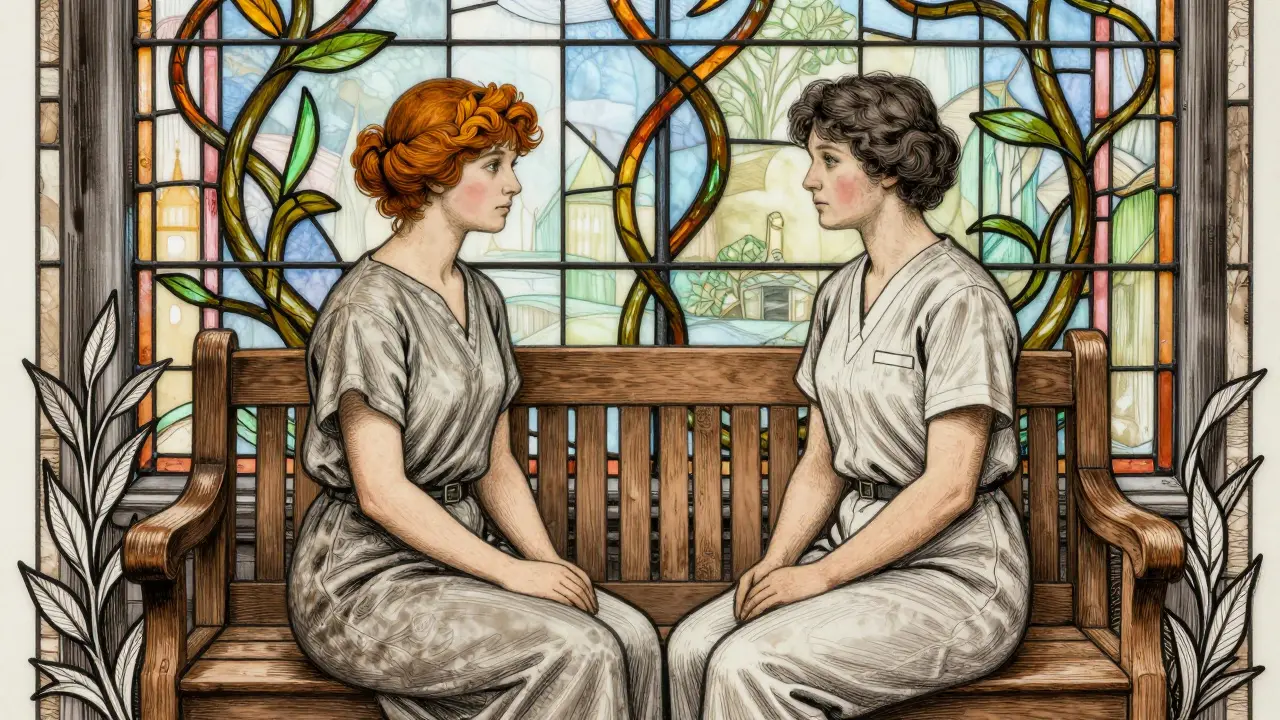 Terapeut a pacient sedí spolu pod vitráží s rostlinnými motivy, projevujíce porozumění a podporu.