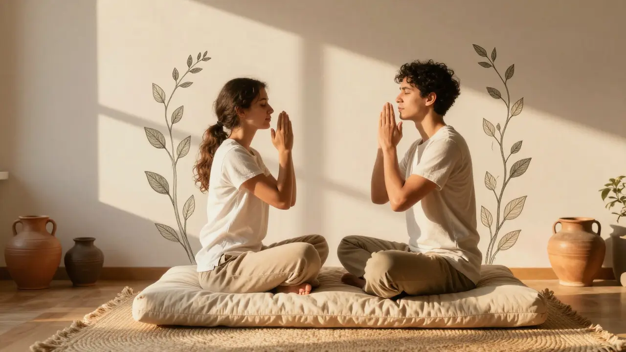 Terapeut a pacient společně dýchají, ruce se pohybují, kolem nich rostou listy.