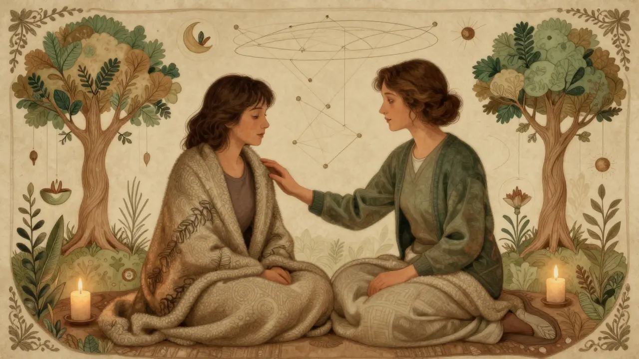 Terapeut sedí vedle klienta v tiché místnosti, kolem nich se na zdi vynořují symboly spojení s přírodou a vesmírem.