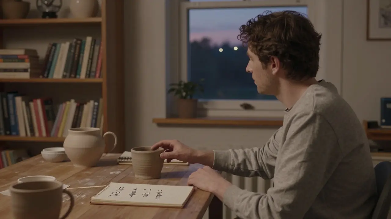 Terapeut v klidné místnosti pozoruje neúplnou hrnčířskou nádobu, v okně západ slunce — obraz klidu a sebereflexe.