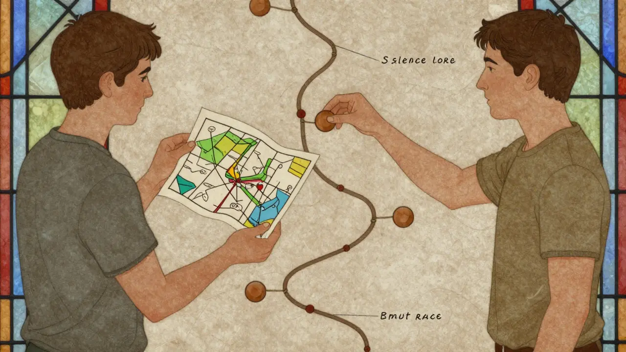 Terapeut vede pár k vyjádření emocí pomocí rukou kreslené mapy a dřevěných značek v klidném prostředí.