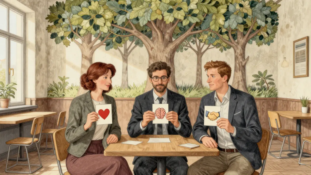Tři kolegové spolu v break roomu diskutují o podpoře duševního zdraví, symbolizované kreslenými karetami.