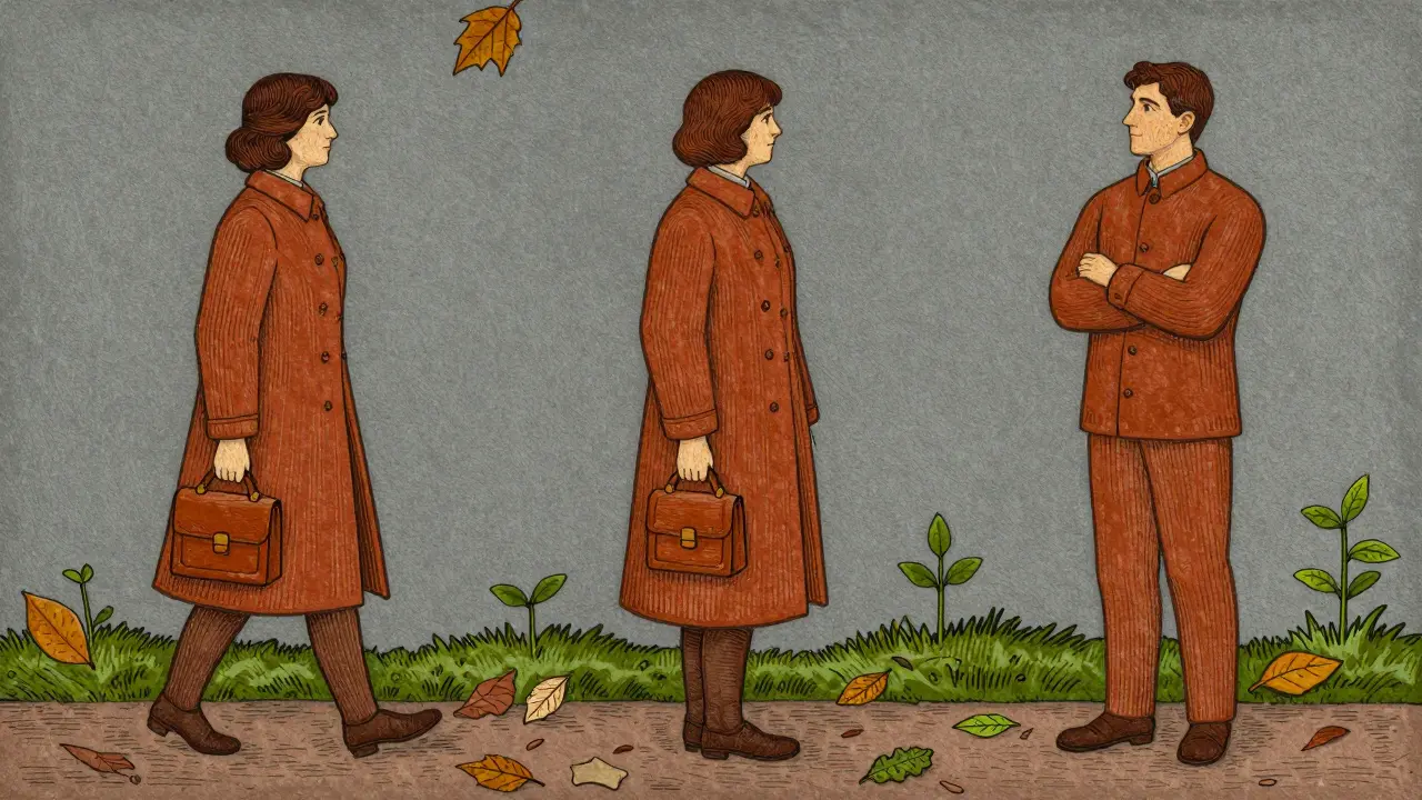 Tři postavy na cestě představují různé fáze terapie, s listy v sezónních barvách.