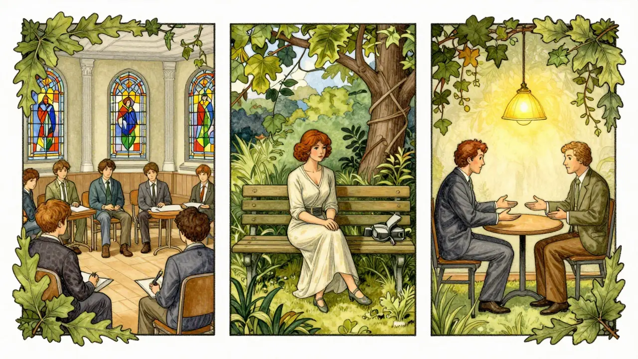 Tři scény znázorňující teoretické vzdělávání, osobní terapii a supervizi v stylu Arts and Crafts.