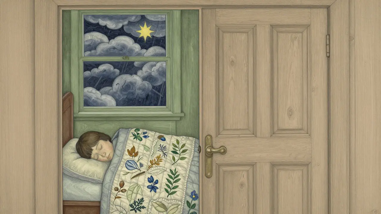 Uspělý pacient pod pokrývkou s rostlinnými vzory, venku se rozptylují bouřkové mraky.