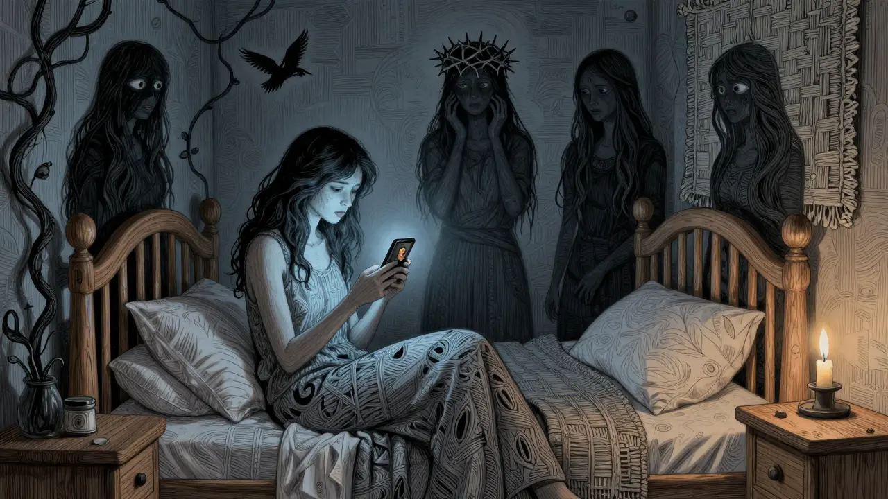 Žena v noci sleduje telefon, kolem ní se tvarují stíny strachu a nejistoty.