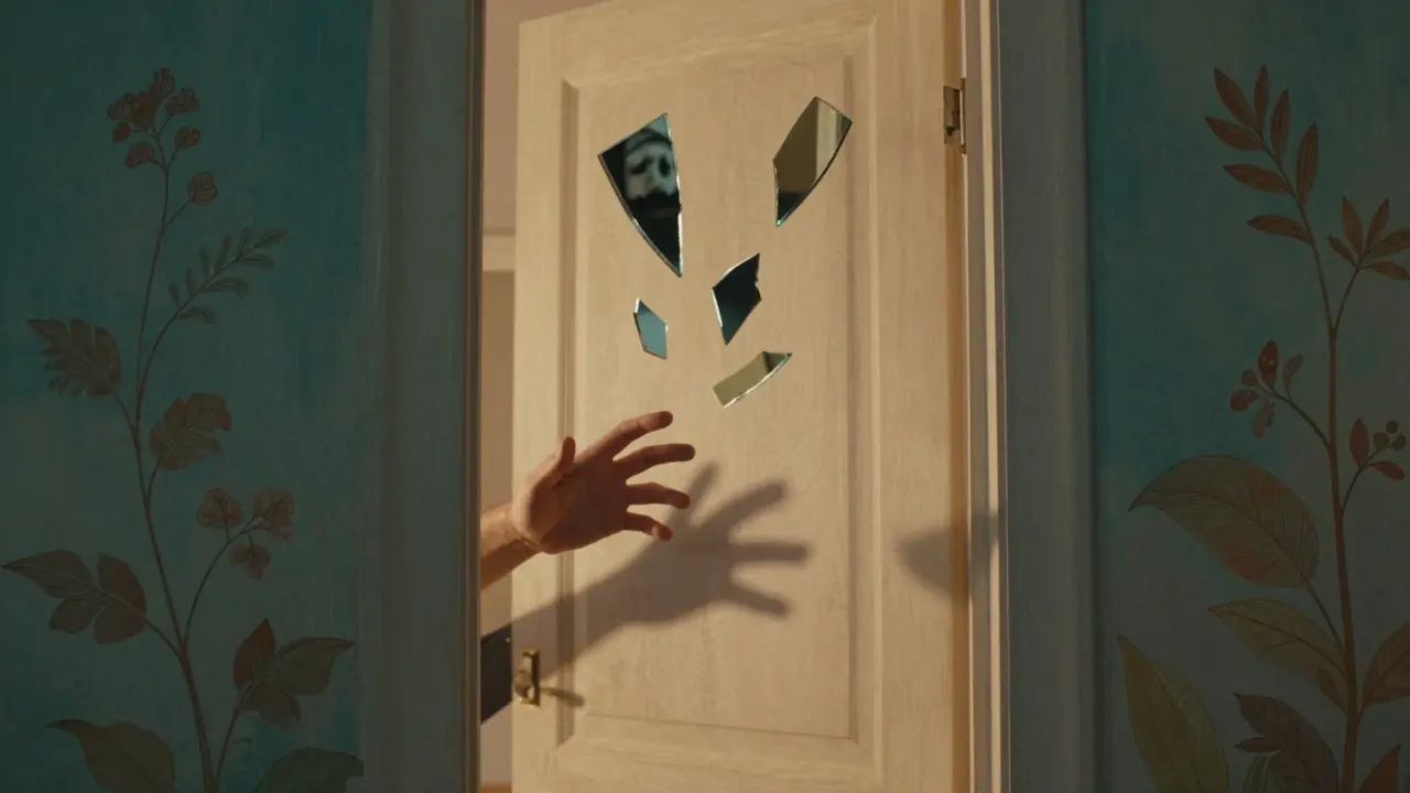 A trembling hand reaching toward a faint silhouette, with floating mirror shards reflecting emotions.