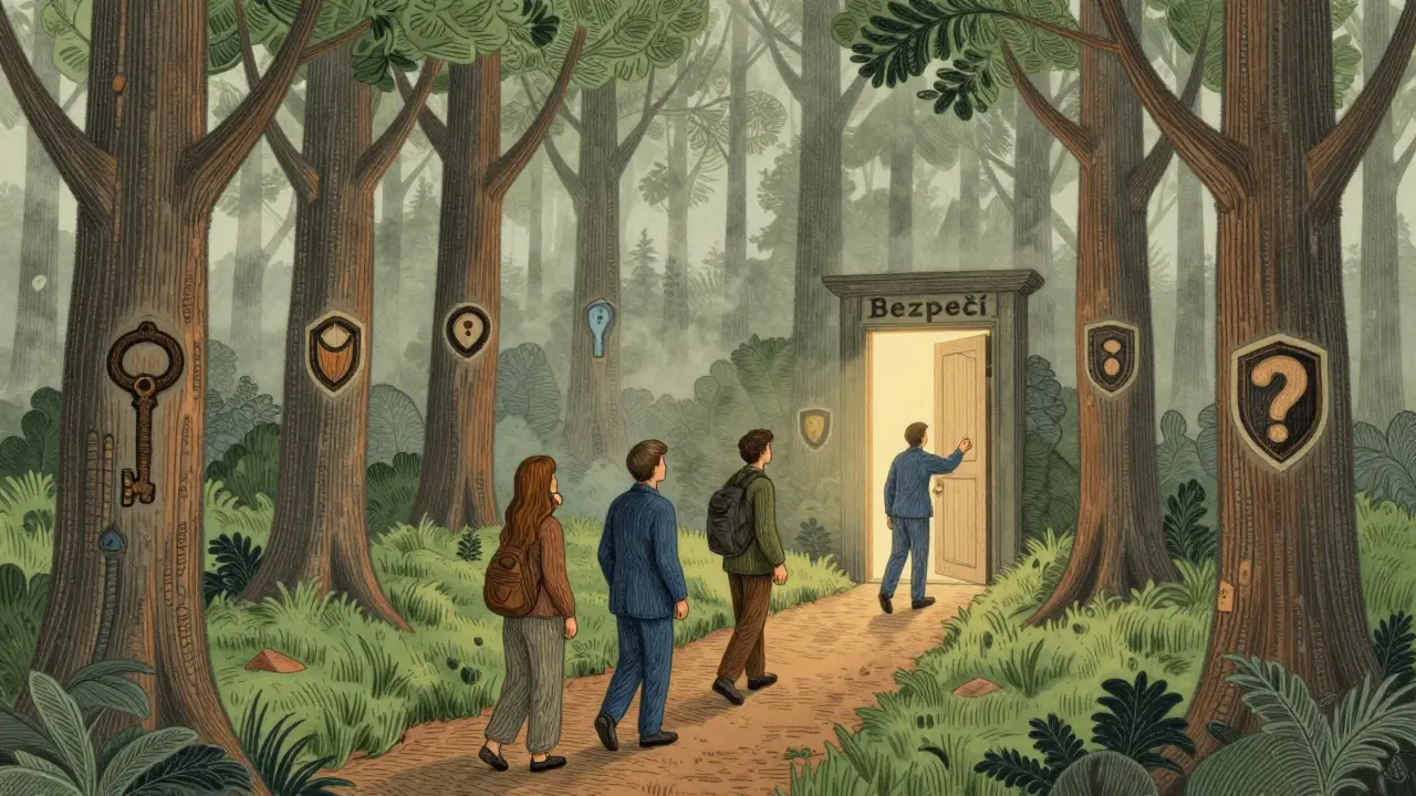 Cesta lesem vede ke dveřím s nápisem 'Bezpečí', tři postavy jsou na různých etapách cesty.