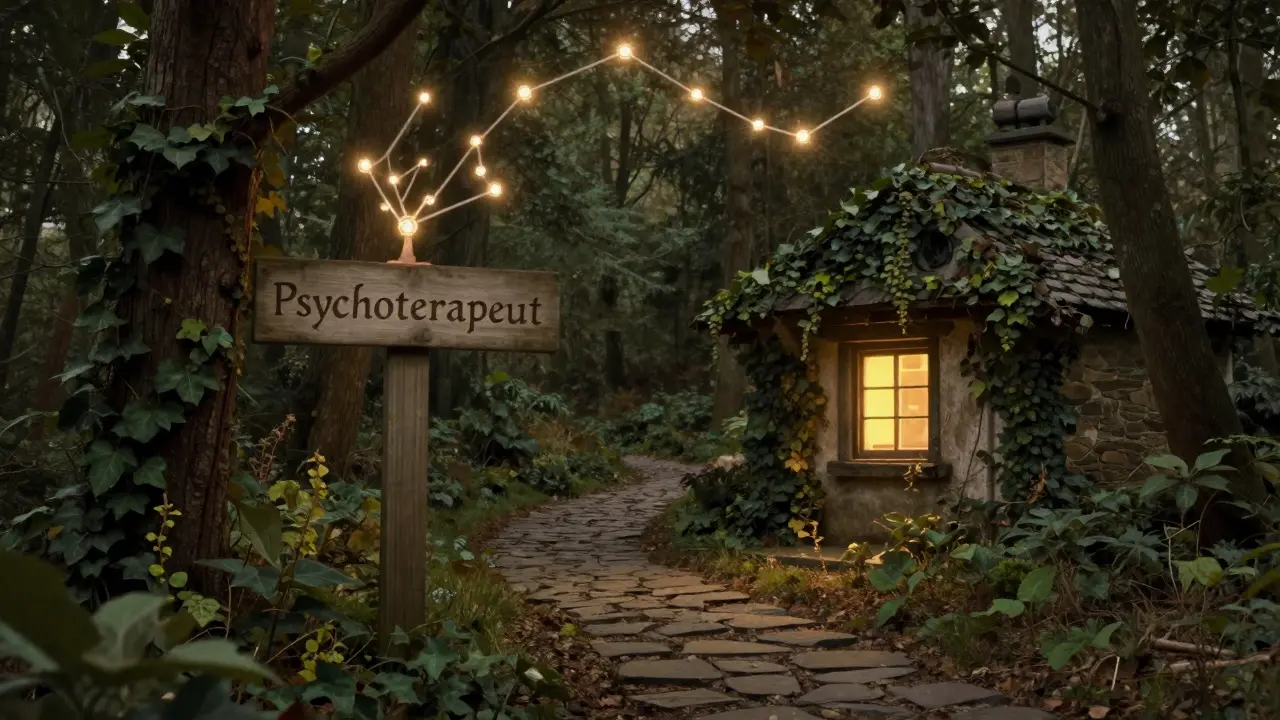 Cesta vedená ke kanceláři psychoterapeuta mezi stromy, symbolizující dlouhou a kořenitou cestu k odbornosti.